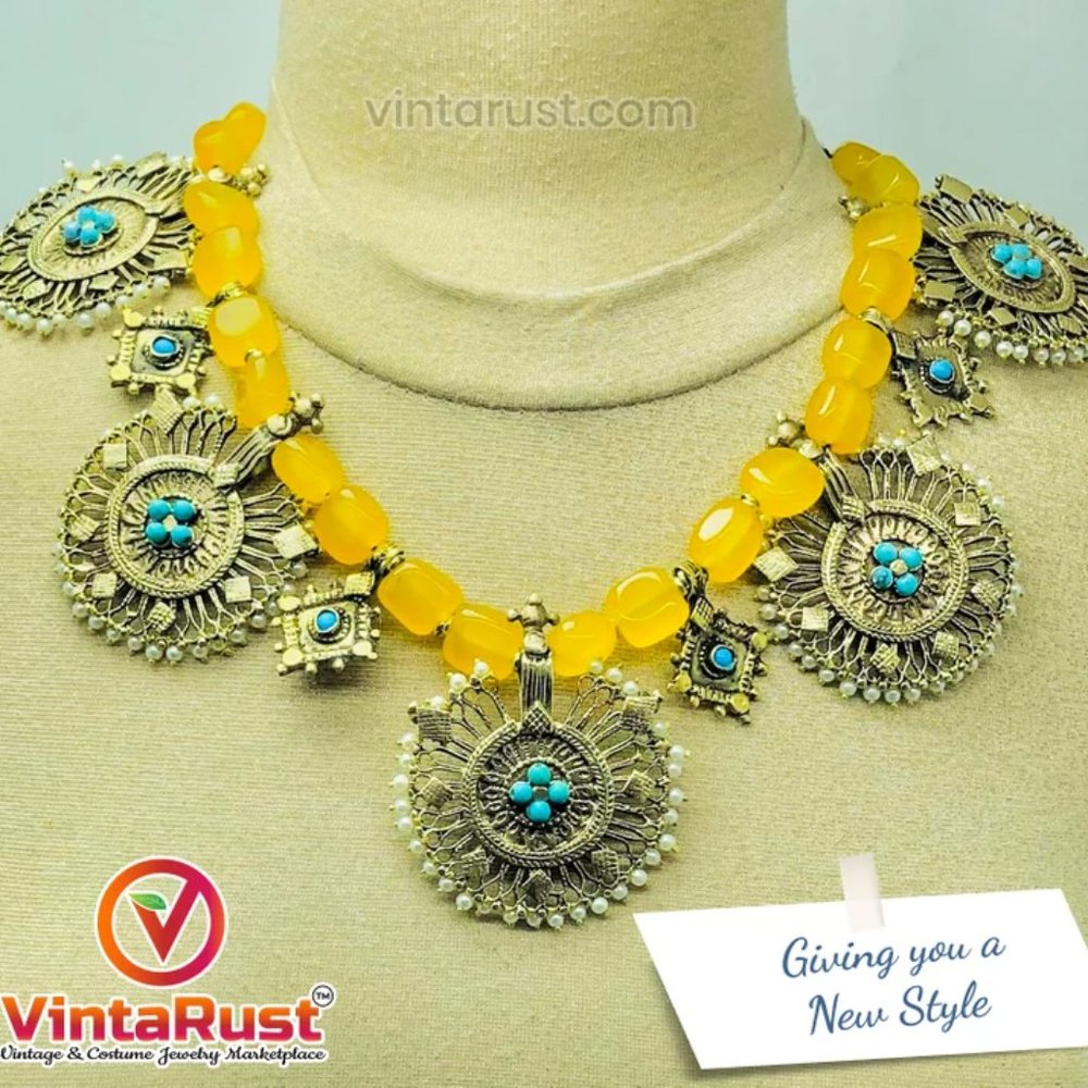 Tribal Choker Necklace, Yellow Stones Beaded Vintage Necklace - Picture 2 of 10